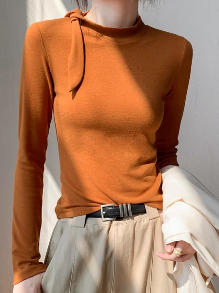 

Knitted Casual Plain Lace-up Mock Neck T-shirt, Orange red, Tees