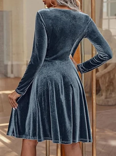 

Women Plain Short Sleeve Summer Split Joint Dress Crew Neck Party Vintage Midi Party Dress A-Line Dress, Lake blue, Dresses