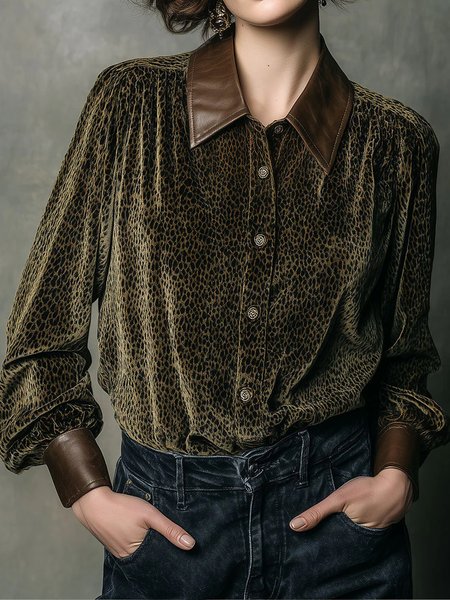 

Velvet Urban Animal Print Split Joint Shirt Collar Shirt, As picture, Blouses and Shirts