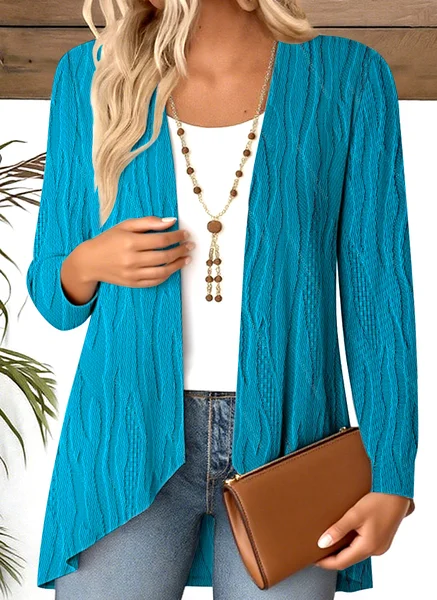 

V Neck Long Sleeve Plain Regular Micro-Elasticity Regular Fit Blouse For Women, Lake blue, Shirts