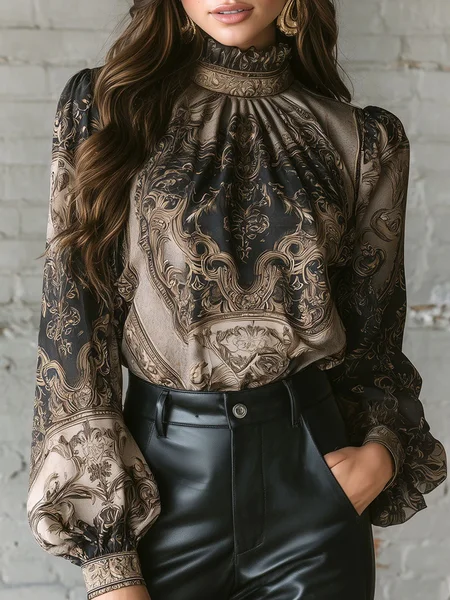 

Urban Paisley Printing Stand Collar Blouse, As picture, Blouses and Shirts