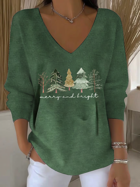 

Women Christmas Long Sleeve Tee T-shirt V Neck Printing Casual Spring/Fall Top, Green, T-Shirts