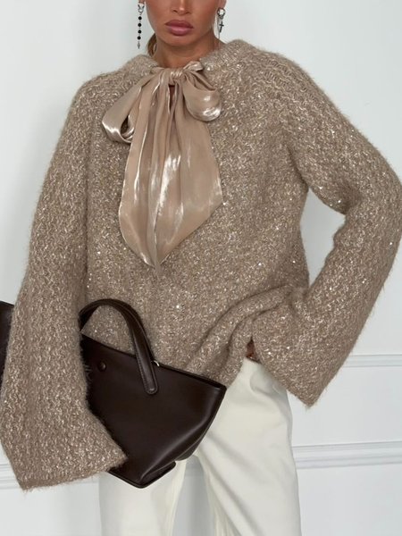 

Urban Plain Lace-up Crew Neck Raglan Sleeve Sweater, As picture, Pullovers