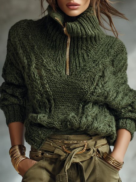 

Casual Plain Zipper Turtleneck Sweater, Green, Pullovers