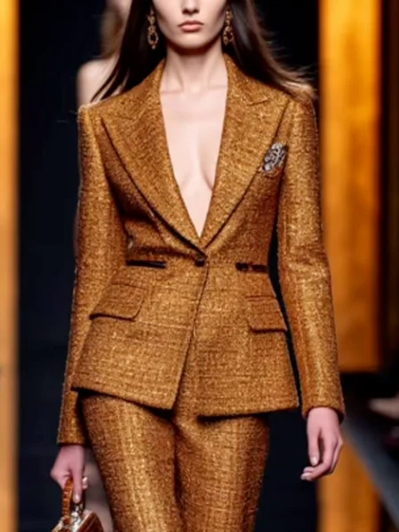 

Elegant Shoulder Pad Plain Lapel Collar Blazer, Yellow brown, Blazers