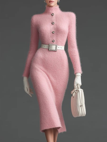 Elegant Plain Buttoned Turtleneck Sweater Knee Length Dress No Belt
