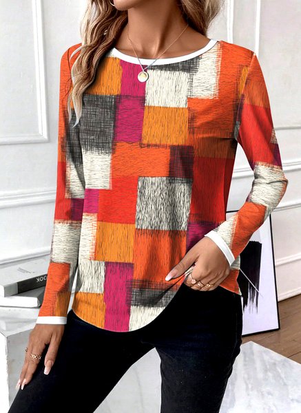 

Casual Geometric Crew Neck Long Sleeve T-shirt, Orange, T-shirts