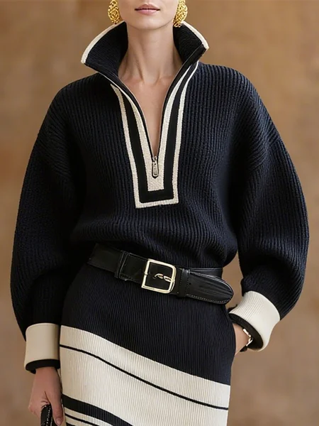 

Urban Color Block Mock Neck Loosen Sweater, Black-white, Pullovers