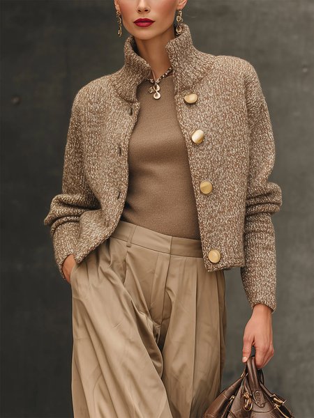Casual Plain Buttoned Stand Collar Sweater Cardigan