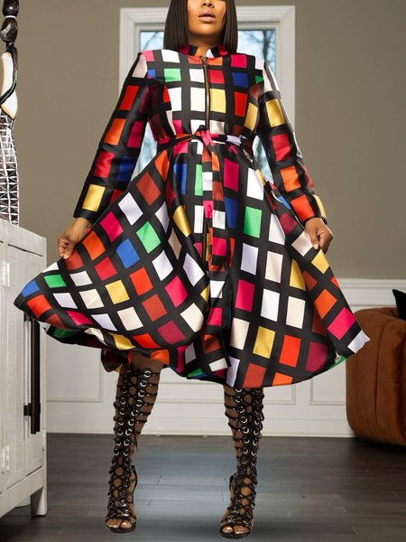 

Urban Plaid Printing Stand Collar Midi Dress With Belt, As picture, Midi Dresses