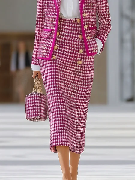 

Elegant Buttoned Houndstooth Midi Skirt, Rose red, Skirts