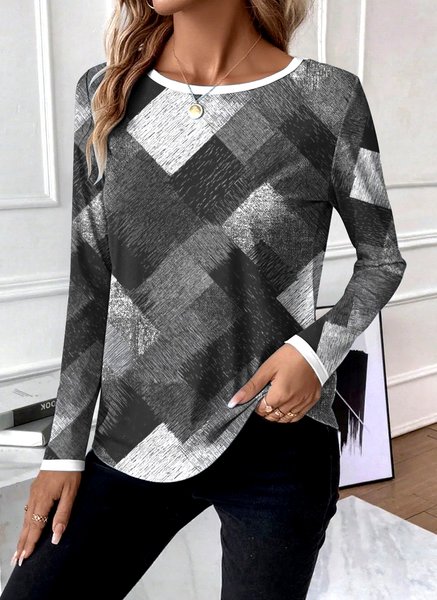 

Casual Geometric Crew Neck Long Sleeve T-shirt, Gray, T-shirts