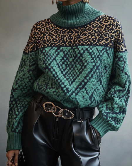 

Casual Geometric Turtleneck Sweater, As picture, Pullovers