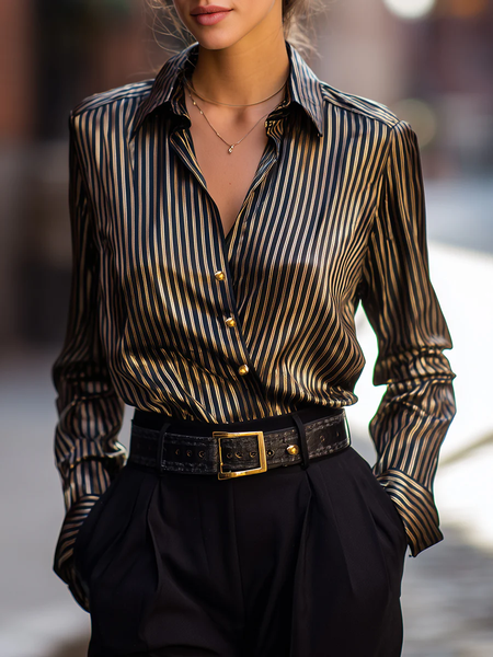 

Satin Urban Striped Buttoned Shirt, Black, Blouses and Shirts