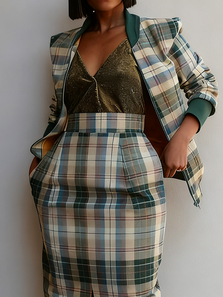 

Urban Plaid Stand Collar Jacket, As picture, Jackets
