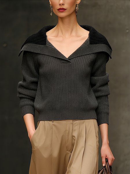 

Urban Color Block Shawl Collar Loosen Sweater, Black-grey, Pullovers