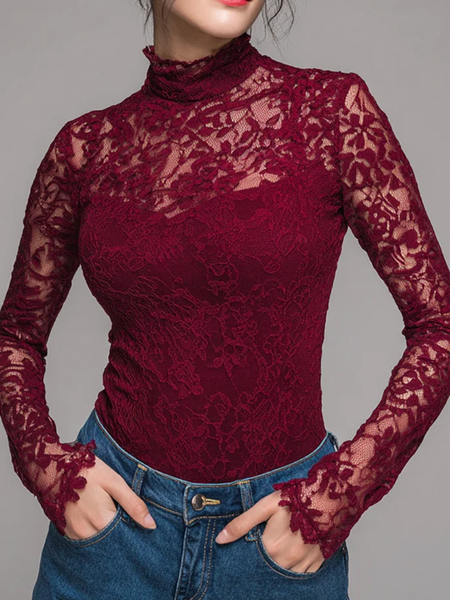 

Lace Elegant Plain Turtleneck Blouse, Wine red, Blouses and Shirts