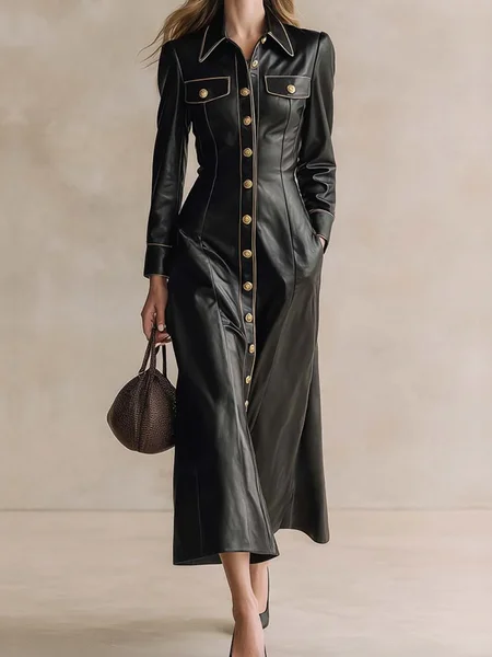 

Urban Plain Shirt Collar Maxi Dress, Black, Midi Dresses
