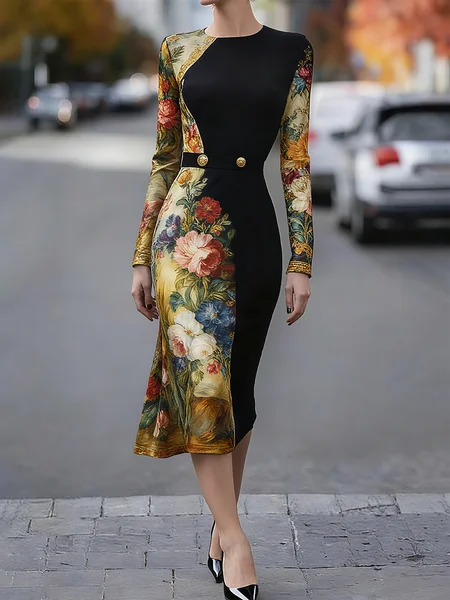 

Urban Floral Printing Crew Neck Midi Dress, Black, Midi Dresses
