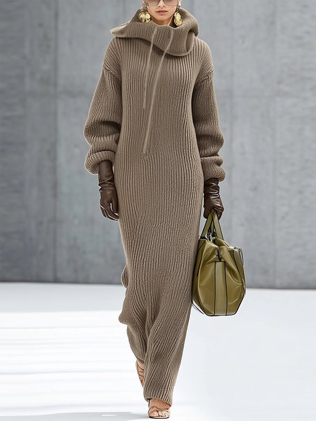 

Casual Plain Raglan Sleeve Turtleneck Sweater Maxi Dress, As picture, Maxi Dresses