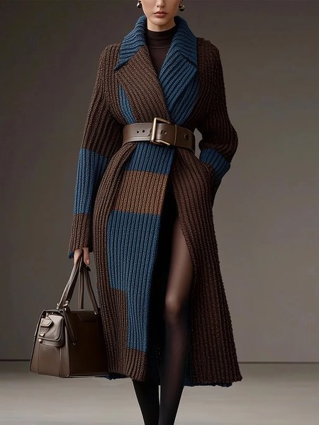 

Casual Color Block Lapel Collar Sweater Cardigan With Belt, As picture, Cardigans
