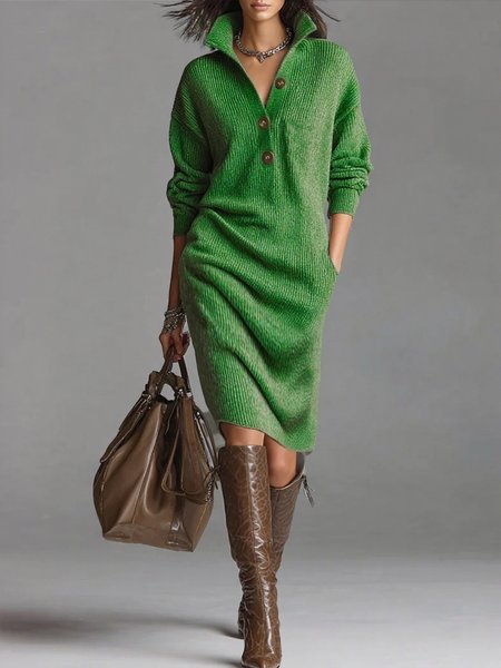 

Urban Cozy Buttoned Shawl Collar Sweater Midi Dress, Green, Midi Dresses