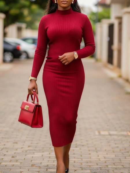 

Urban Plain Stand Collar Sweater Dress, Red, Midi Dresses