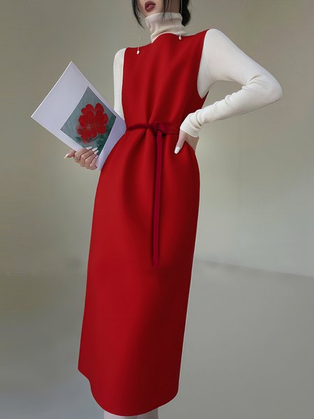 

Elegant Plain Boat Neck Midi Dress With Belt No T-Shirt, Red, Midi Dresses