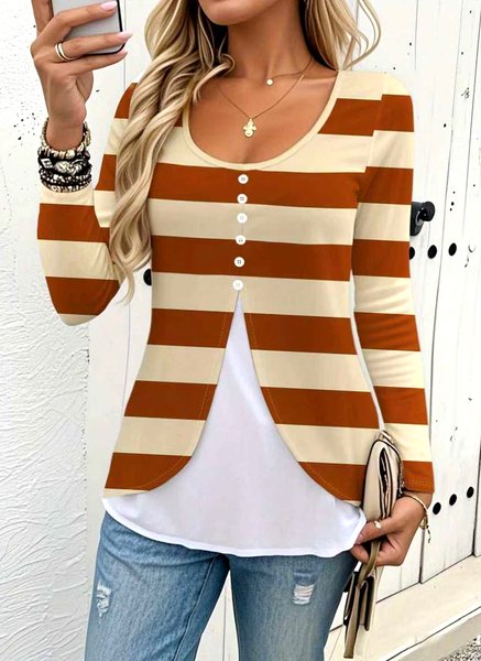 

Casual Striped V Neck Long Sleeve T-shirt, Khaki, T-shirts