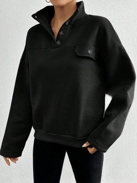 

Casual Plain Stand Collar Regular Sleeve Sweatshirt, Black, Outerwear