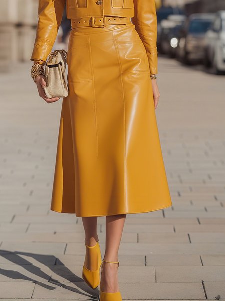 

Urban Plain Midi Faux Leather Skirt With Belt, Yellow, Skirts
