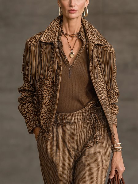 Casual Tassel Leopard Shawl Collar Jacket