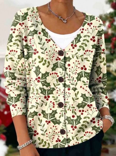 

Women Floral Long Sleeve V Neck Casual Spring/Fall Cardigan Outerwear, Beige, Cardigans