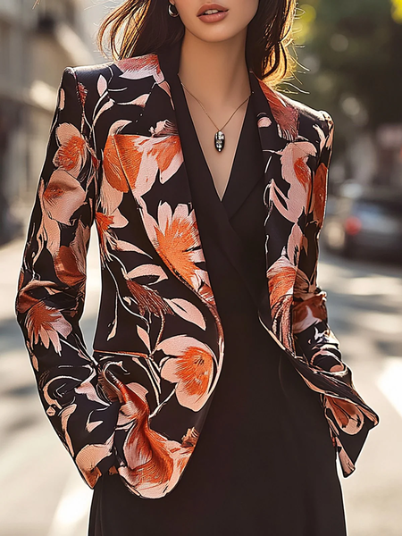 

Urban Buttoned Floral Lapel Collar Blazer, Orange, Blazers