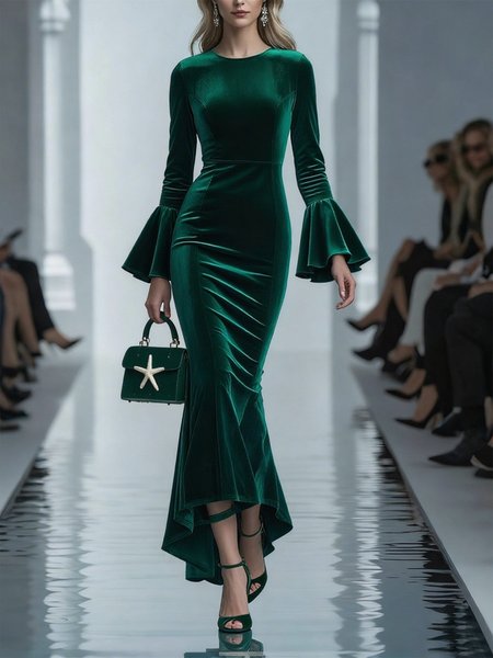 

Elegant Plain Bell Sleeve Irregular Craftsmanship Crew Neck Maxi Party Dress, Green, Maxi Dresses