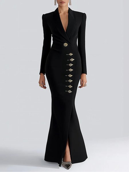 

Elegant Plain Buttoned Lapel Collar Maxi Dress, Black, Maxi Dresses