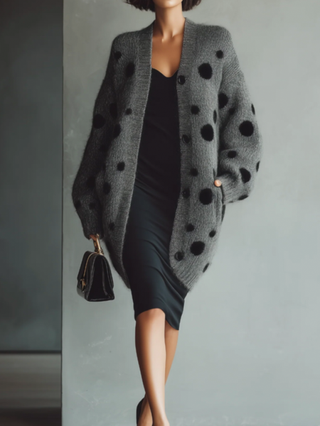 

Casual Polka Dots Sweater Cardigan, Gray, Cardigans