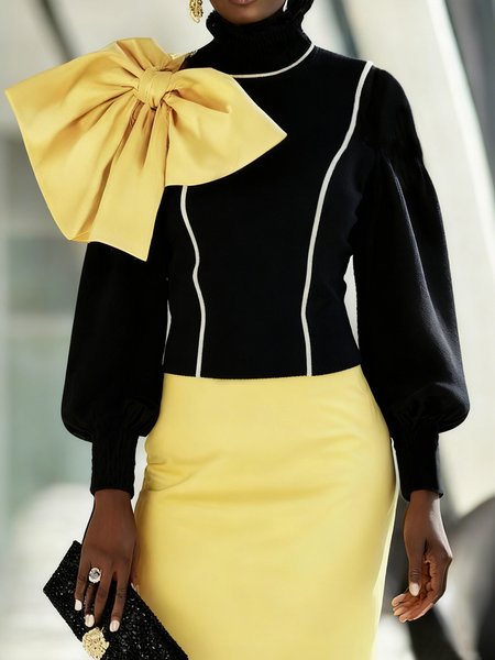 

Urban Color Block Bow Turtleneck Balloon Sleeve Blouse, Black, Blouses and Shirts
