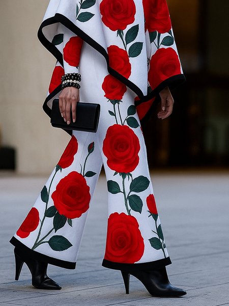 

Casual Floral Printing Flare Pants, White-red, Pants