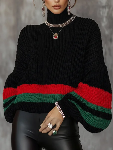 

Casual Color Block Turtleneck Sweater, Black, Pullovers