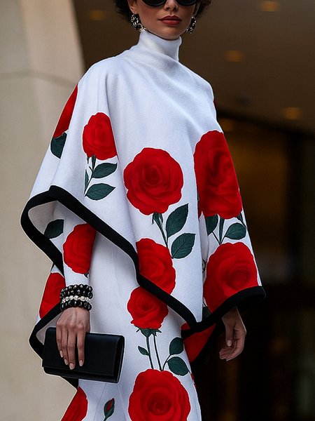 

Casual Floral Printing Turtleneck Mock Two-Piece Blouse, White-red, Blouses and Shirts