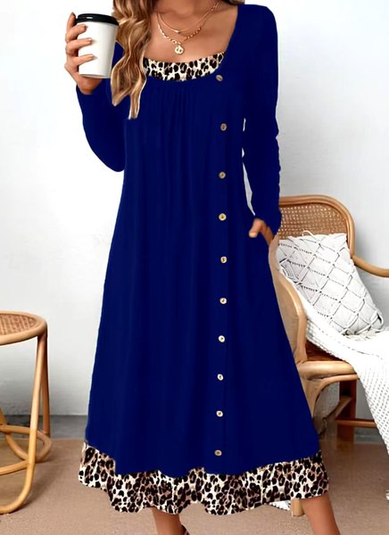

Women Color Block Spring/Fall Dress Crew Neck Long Sleeve A-Line Dress, Blue, Maxi