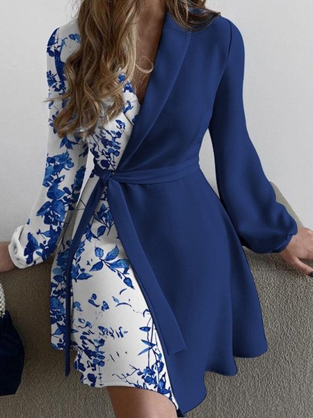 

Women Floral Long Sleeve Spring/Fall Printing Dress V Neck Daily Vintage Mini Hip Skirt A-Line Dress, Deep blue, Dresses