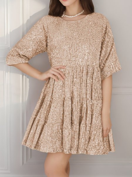 

Women Plain Half Sleeve Summer Split Joint Dress Crew Neck Daily Vintage Mini Tank A-Line Dress, Rose gold, Dresses