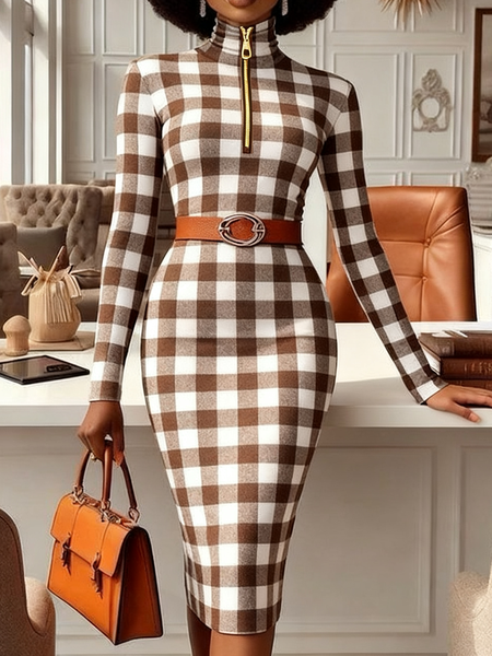

Urban Plaid Turtleneck Knee Length Dress No Belt, As picture, Midi Dresses