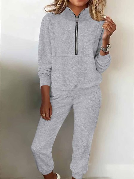 

Women Plain Two-Piece Set Daily Long Sleeve Casual Winter Top With Pants Matching Set, Light gray, Sets