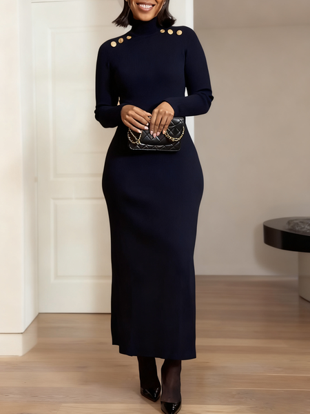 

Elegant Plain Turtleneck Maxi Dress, Navyblue, Maxi Dresses