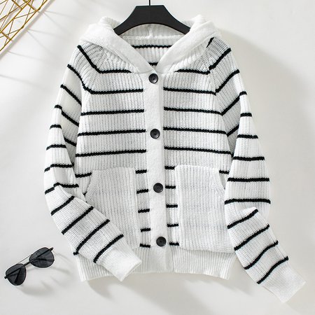 

Women Cotton Striped Long Sleeve Comfy Casual Cardigan, White, Sweaters