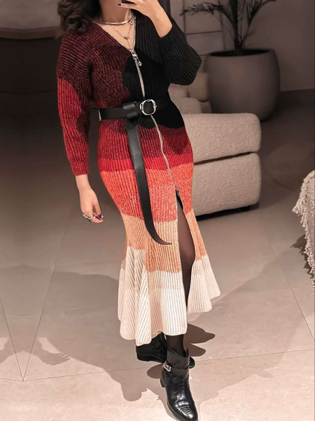 

Urban Colorblock V Neck Maxi Sweater Dress, As picture, Midi Dresses