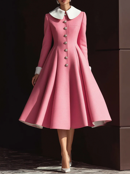 

Elegant Color Block Shirt Collar Coat, Pink, Coats